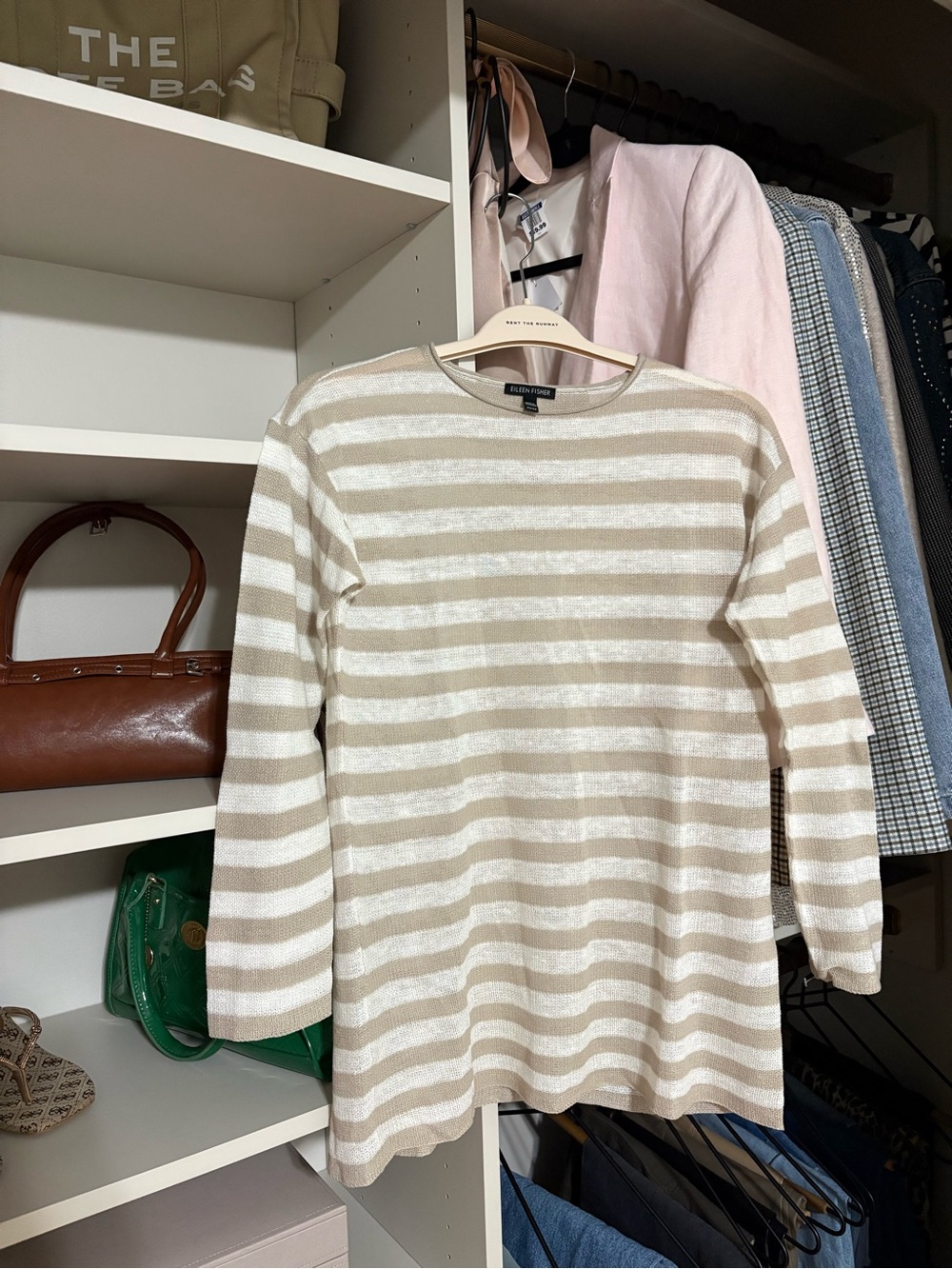 Eileen Fisher Linen/Cotton Beige and White Striped Long-Sleeve Crewneck
